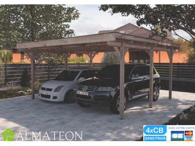Carport double en bois de 18,32 m2 avec toit plat en plastique PVC, dimensions 389 x 471 x 225 cm WEKA