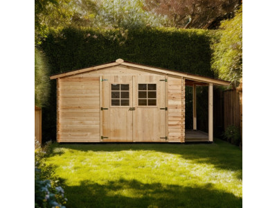 Abri de jardin 8,7 m2 dim 445 x 304 x 207 cm avec extension en bois sapin massif certifie fsc HABRITA FORESTA