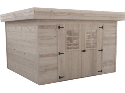 Abri de jardin 5,56 m2 dim 339 x 235 x 215 cm en bois massif, toit plat avec bac acier HABRITA FORESTA