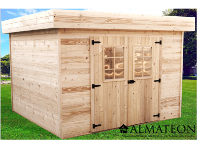 Abri de jardin 11,38 m2 dim 339 x 435 x 215 cm en bois massif avec un toit plat et bac acier HABRITA FORESTA
