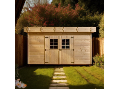 Abri de jardin 13,47 m2 dim 410 x 409 x 205 cm en bois massif avec un toit plat et bac acier HABRITA FORESTA