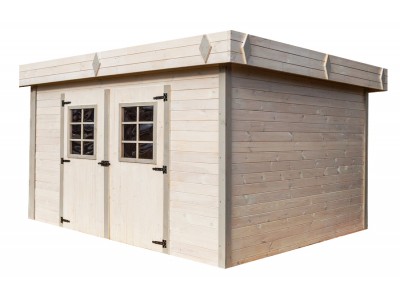 Abri de jardin 13,47 m2 dim 410 x 409 x 205 cm en bois massif avec un toit plat et bac acier HABRITA FORESTA