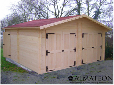 Garage en bois 34,93 m2 dim 635 x 664 x 308 cm en double porte avec madriers bois massif de 42mm HABRITA FORESTA