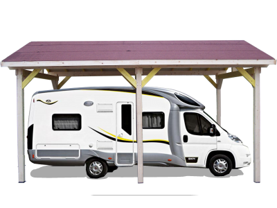 Carport camping car 400 x 630 x 457 cm en bois sapin avec auvent et couverture bardeau bitumé HABRITA FORESTA