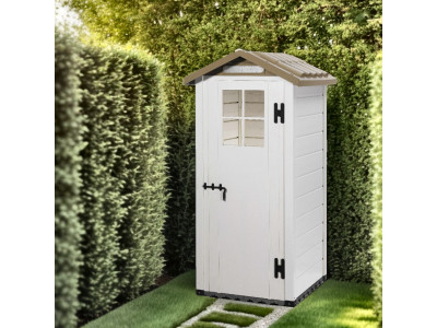 Armoire de jardin 0,58 m2 GAROFALO en résine bicolore, toit bi-pente Dim 96,5 x 96,5 x 203 cm HABRITA FORESTA