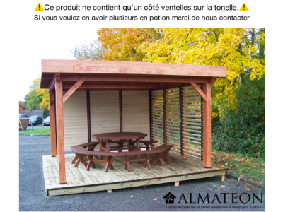 Pergola en bois OMBRA 12,53 m2 avec toit plat, couverture bac acier et 1 côté ventelles mobiles