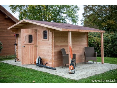 Abri de jardin 10,89 m2 DOMMAR 490 x 401 x 242 cm avec extension en bois Douglas Garantie 5 ans HABRITA FORESTA