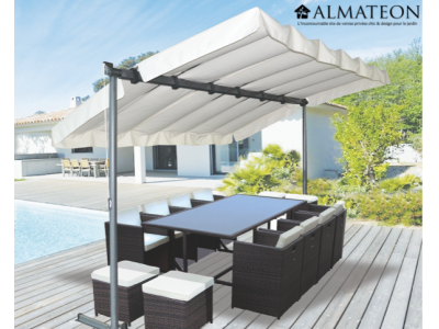 Pergola marquise finition époxy gris anthracite avec toile pivotante et extensible 9 m2