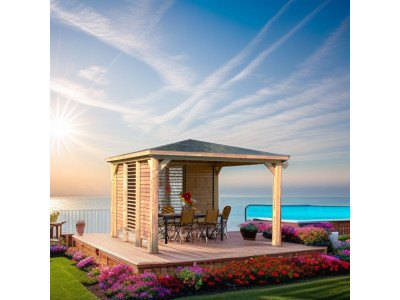 Pool House bluetherm  structure en bois, 2 parois avec ventelles mobiles, toit en panneaux ACP 14,36m2