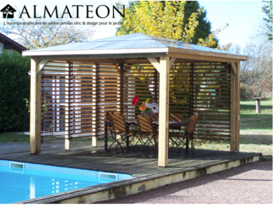 Pool House bluetherm  structure en bois, 2 parois avec ventelles mobiles, toit en panneaux ACP 14,36m2