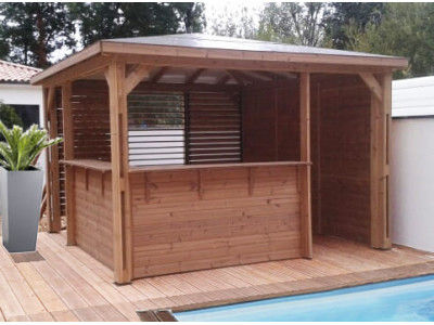 Pool House BLUETERM structure en bois/1 paroi avec mur plein/1 paroi avec ventelles/2 parois avec comptoir