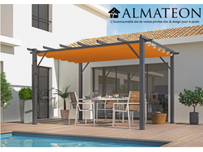 Pergola de 12 m2 en 100% aluminium coloris gris anthracite toile en 140 grs / m2 couleur rouille