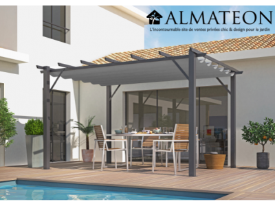 Pergola de 12 m2 en 100% aluminium coloris gris anthracite toile 140 grs / m2 couleur gris