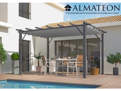 Pergola 100% aluminium de 12 m2 coloris gris anthracite poteaux toile couleur gris 280 gr/m2