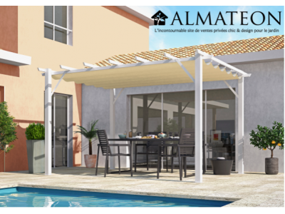 Pergola de 12 m2 en 100% aluminium coloris blanc poteaux toile 140 grs / m2 couleur écru