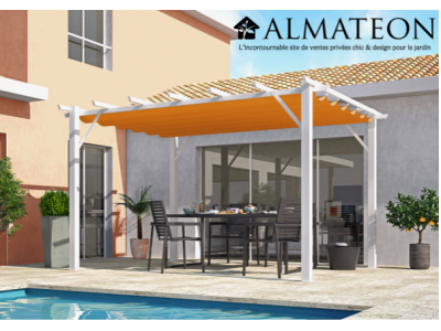 Pergola 100% aluminium de 12 m2 coloris blanc poteaux toile 140 grs / m2 couleur rouille