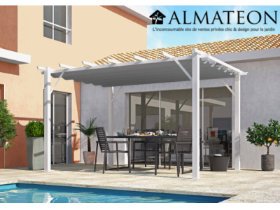 Pergola de 12 m2 en 100% aluminium coloris blanc poteaux toile 140 grs / m2 couleur gris 