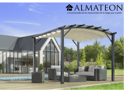 Pergola arche de 11,22 m2 structure mixte aluminium/acier coloris gris anthracite avec toile écru