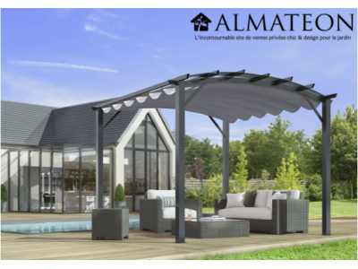 Pergola 11,22 m2 avec arche structure mixte aluminium/acier coloris gris anthracite toile couleur gris 280 gr/m2