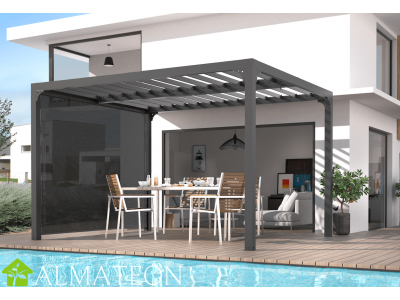 Pergola de 10,80 m2 bioclimatique en ALUMINIUM ouverture manuelle avec rideau manuel gris pour côté de 3,00 m