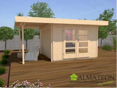 Abri de jardin 9,75 m2 dim 500 x 300 x 226 cm avec extension de 175 cm en bois massif coloris brut Garantie 5 ans WEKA OLG