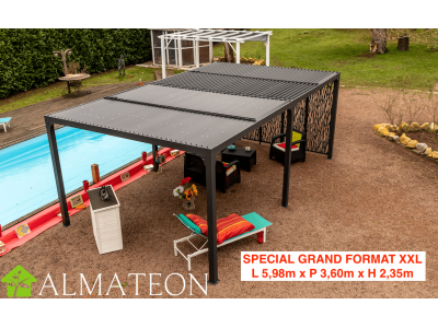 Pergola bioclimatique XXL 21,52 m2 en ALUMINIUM avec 5 panneaux moucharabieh coloris gris HABRITA