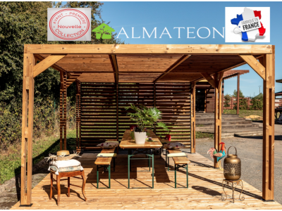 Pergola bois XXL thermauvent thermo chauffé avec ventelles mobile sur mur