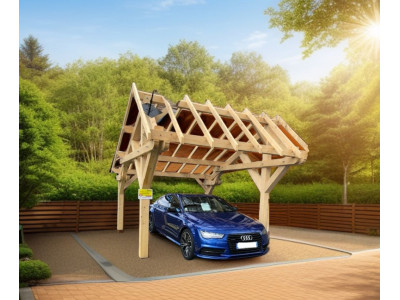 Nouveau carport voiture 19,70m2 double pente asymétrique pour couverture tuile avec 4 poteaux 