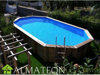 PROMO piscine AZURA POMPE A CHALEUR OFFERTE 400 x 750 x H130 cm en bois, octogonale allongee, liner bleu adriatique UBBINK