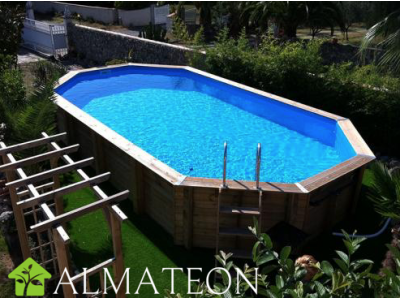 Piscine AZURA 400 x 750 x H130 cm en bois, octogonale allongee, liner bleu adriatique UBBINK