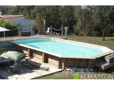 PROMO piscine AZURA POMPE A CHALEUR OFFERTE 400 x 750 x H130 cm en bois liner beige octogonale allongee UBBINK