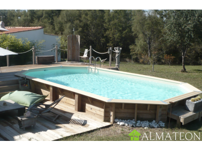 Piscine AZURA 400 x 750 x H130 cm en bois liner beige octogonale allongee UBBINK