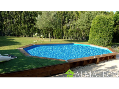 Piscine OCEA 355 x 550 x H120 cm liner bleu en bois octogonale allongee UBBINK