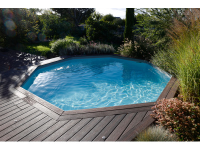 PROMO piscine OCEA POMPE CHALEUR OFFERTE 510 x H120 cm liner gris en bois octogonale UBBINK