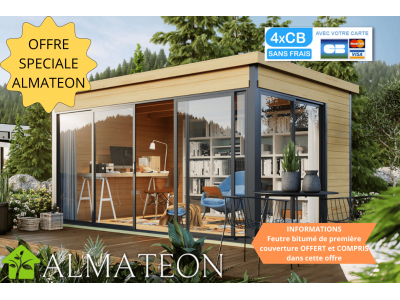 Abri de jardin 12,82 m2 DOMEO 4 PLUS 438 x 342 x 239 cm ou bureau télétravail en bois epicea Garantie 5 ans LA