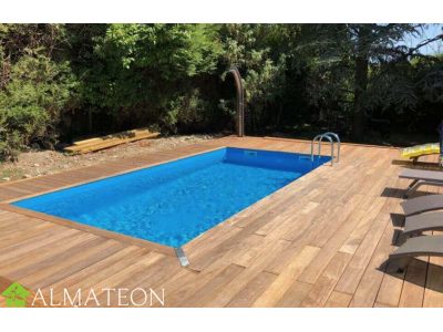 PROMO piscine LINEA POMPE CHALEUR OFFERTE 350 x 650 x H140 cm liner bleu en bois rectangulaire UBBINK