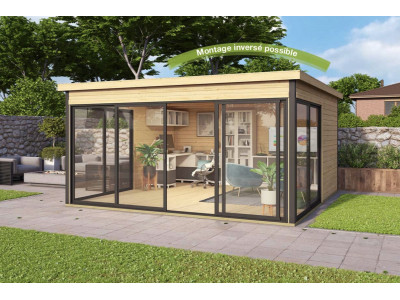 Abri de jardin 16,74 m2 DOMEO 5 PLUS 438 x 438 x 239 cm ou bureau de télétravail en bois epicea Garantie 5 ans