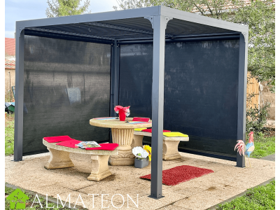 Pergola bioclimatique 7,20 m2 ALUMINIUM gris anthracite avec 2 rideaux manuel gris HABRITA