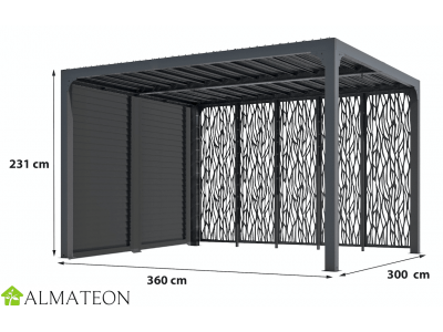 Pergola bioclimatique de 10,80 m2 en ALUMINIUM avec panneaux moucharabieh pour coté de 3,60m et ventelles pour côté de 3m