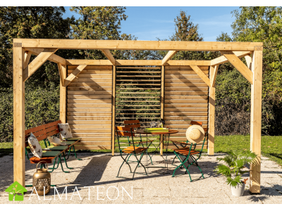 Pergola bois VENETO de 12,24 m2 avec ventelles réglables pour 1 côté, dimensions 3,40 x 3,60 m