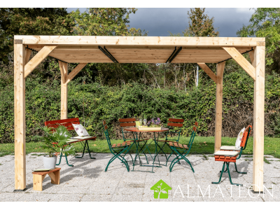 Pergola bois VENETO de 10,57 m2 avec ventelles réglables toit, dimensions 3,40 x 3,12 m