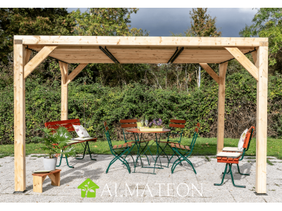 Pergola bois douglas VENETO 10,60 m2 avec ventelles réglables toit, dimensions 3,40 x 3,12 m