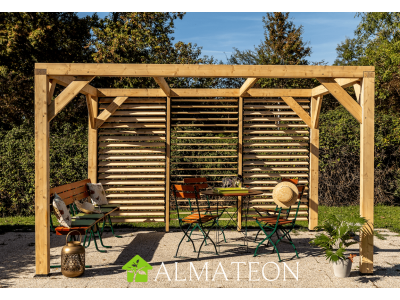 Pergola bois douglas VENETO de 12,24 m2 avec ventelles réglables pour 1 côté, dimensions 3,40 x 3,60 m