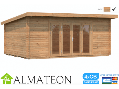 Abri bois de Jardin ou bureau télétravail LEA de 19,4 m2 avec plancher inclus et portes pliantes PALMAKO, finition marron