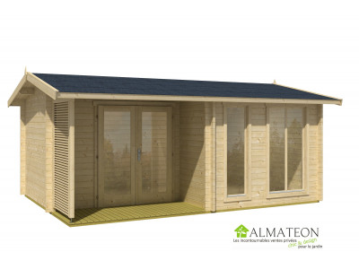 PROMO Abri de jardin habitable BRIGHTON 44 de 18,46m2 en bois d'épicéa de dimensions 4,30 x 5,80 m