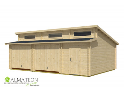 PROMO Double garage ou abri de jardin 39,42 m2 HAWAII 2 portes basculantes en bois d'épicéa dim 5,80 x 8,20 m