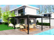 PRIX CHOC pergola bioclimatique XXL 32,63 m2 ALUMINIUM en L coloris gris anthracite, capacité de 20 à 30 personnes, GARANT