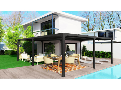 PRIX CHOC pergola bioclimatique XXL 32,63 m2 ALUMINIUM en L coloris gris anthracite, capacité de 20 à 30 personnes, GARANT