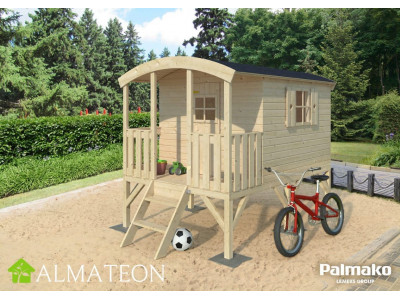 Maisonnette de jeu roulotte HUCK PALMAKO pour enfants avec plancher et terrasse, finition bois naturel