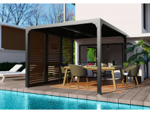 NOUVEAUTE Pergola bioclimatique imitation bois 10,80 m2 et ventelles aluminium mobiles pour côté 3m60 HABRITA